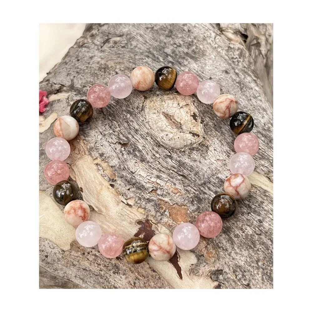 Soothing Body & Mind Handcrafted Bracelet Tiger Stone Rose Quartz Pink Jasper